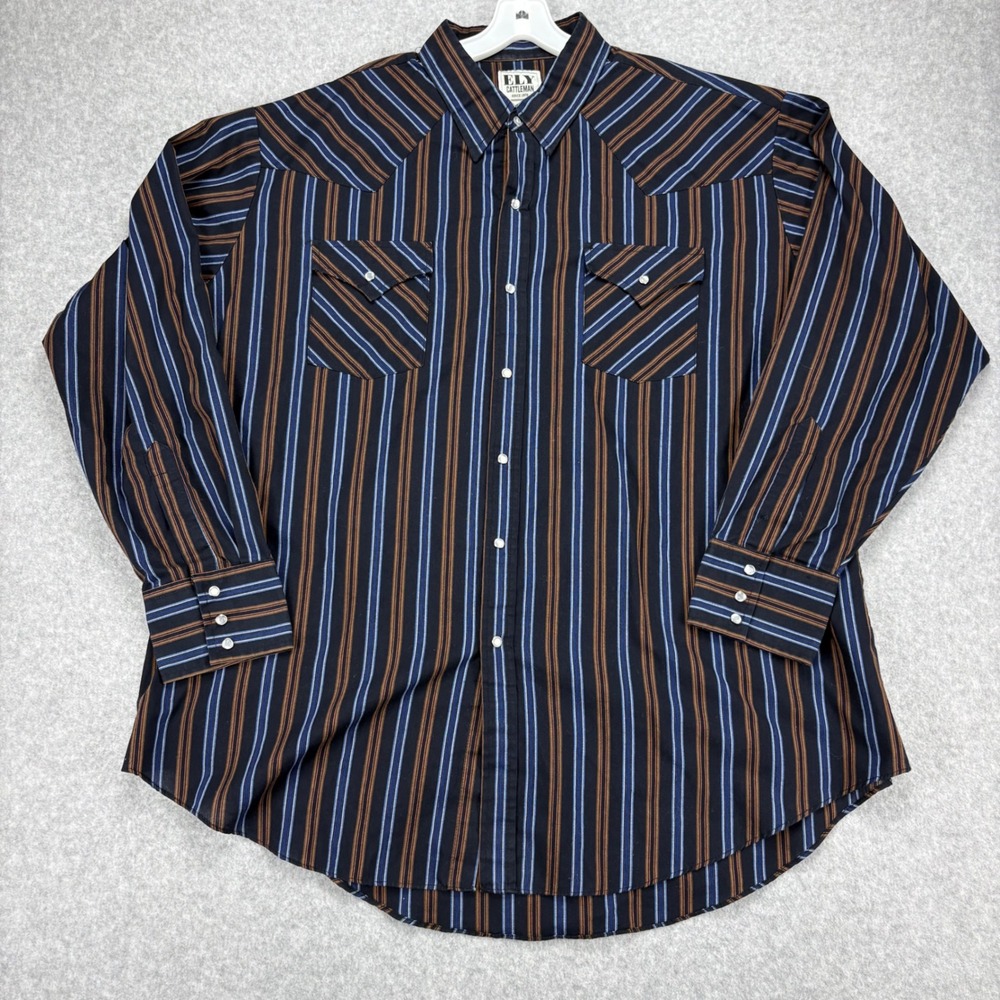 Ely Cattleman Western Shirt Mens XXL Black Blue Brown Striped Pearl Snap Cowboy